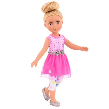 Pink dress with glitter shoes for 14-inch doll