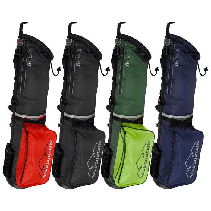 Four golf bags in different colors hang vertically. Each bag features a main compartment and an attached side pocket. The colors are black red green and navy.