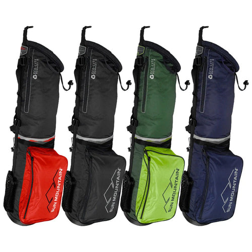 Four golf bags in different colors hang vertically. Each bag features a main compartment and an attached side pocket. The colors are black red green and navy.