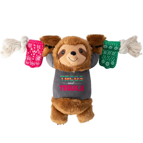 Petshop by Fringe Studio dog toys Tacos & Tequila Fiesta Sloth Plush Squeaky Rope Dog Toy