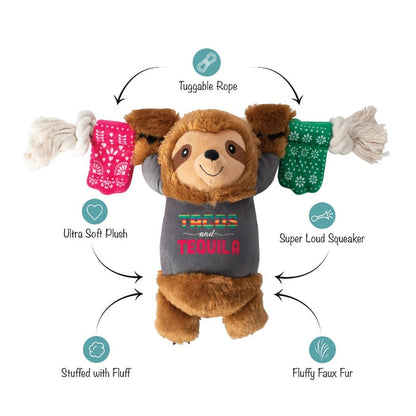 Petshop by Fringe Studio dog toys Tacos & Tequila Fiesta Sloth Plush Squeaky Rope Dog Toy