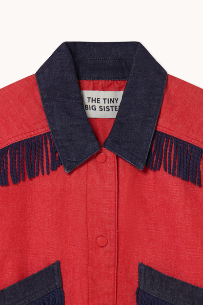 Tiny Big Sister red bicolor denim jacket with fringe pocket detail – Dotique