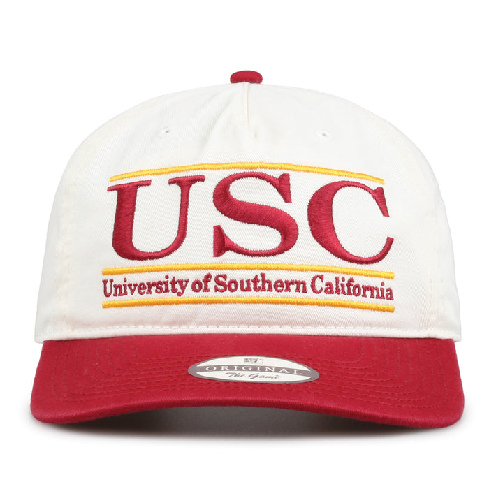 Southern Cal Original Bar snapback hat with embroidered school design, front view