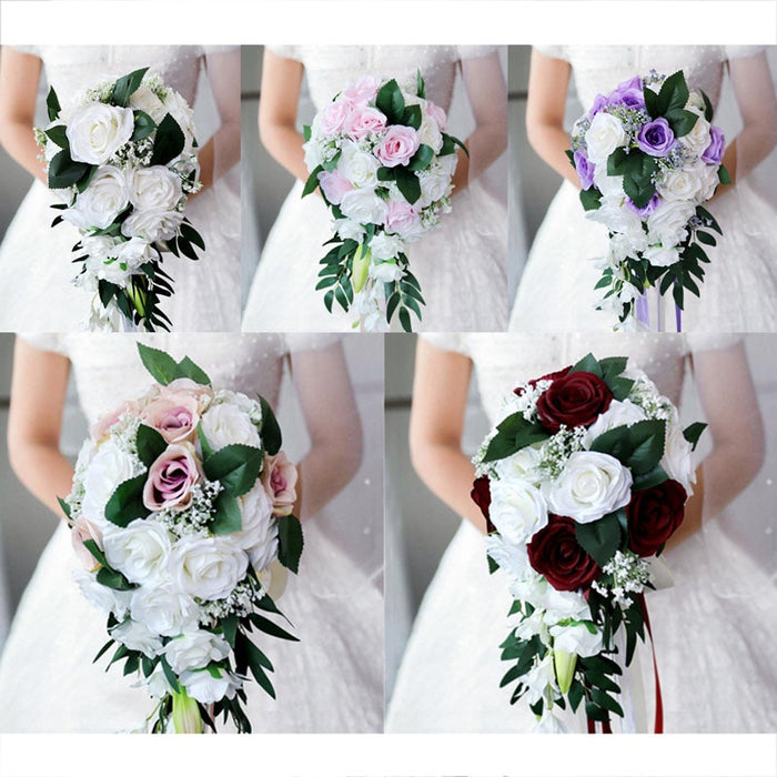 Wedding Artificial Hand Tied Rose Bride Bouquet - Cascade Style