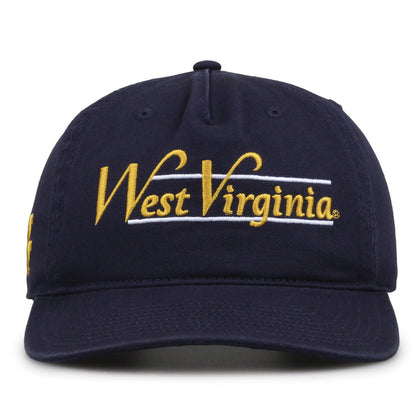 West Virginia Mountaineers Original Heritage Bar Snapback in navy, front view of embroidered school script and bar design