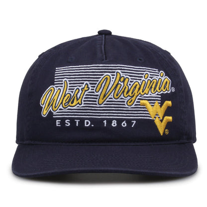 West Virginia Mountaineers Original Heritage Script Snapback in navy, front view showing embroidered school script