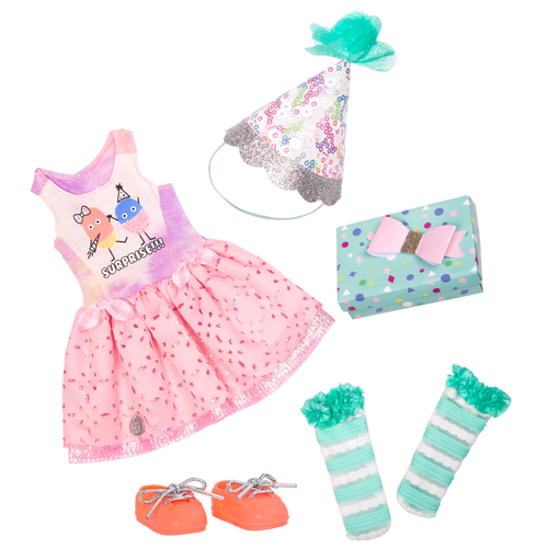 Surprise birthday outfit with gift for 14-inch doll