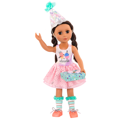 Surprise birthday outfit with gift for 14-inch doll