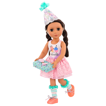 Surprise birthday outfit with gift for 14-inch doll