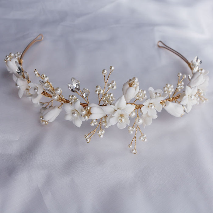 White Floral Porcelain Ceramic and Pearl Tiara-Crown