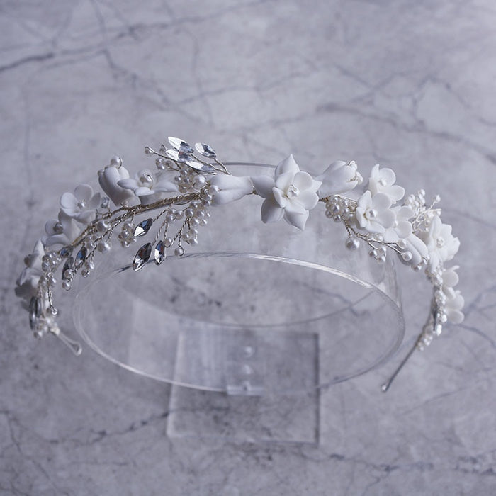 White Floral Porcelain Ceramic and Pearl Tiara-Crown