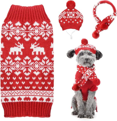 Fabudazzle Pets Sweaters MD Winter Snowflakes & Reindeer Christmas Holiday 3 Pc Set- Dog Sweater/Hat/Scarf Set - Size MD