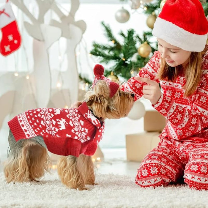 Fabudazzle Pets Sweaters MD Winter Snowflakes & Reindeer Christmas Holiday 3 Pc Set- Dog Sweater/Hat/Scarf Set - Size MD