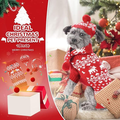 Fabudazzle Pets Sweaters MD Winter Snowflakes & Reindeer Christmas Holiday 3 Pc Set- Dog Sweater/Hat/Scarf Set - Size MD