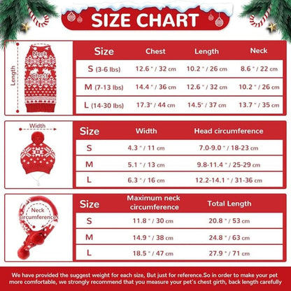 Fabudazzle Pets Sweaters MD Winter Snowflakes & Reindeer Christmas Holiday 3 Pc Set- Dog Sweater/Hat/Scarf Set - Size MD