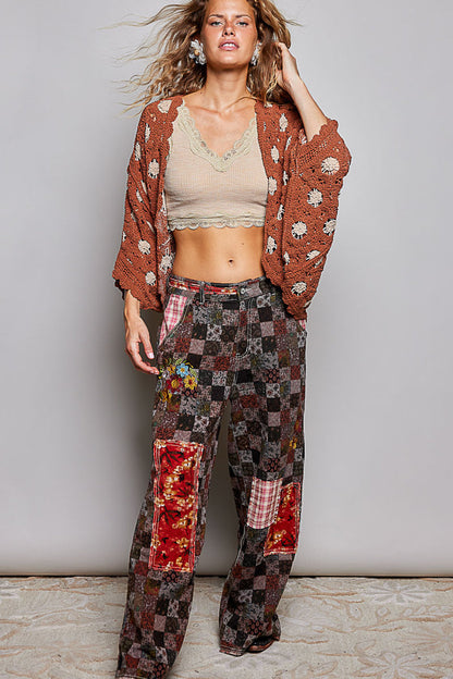 Women's Dolman Sleeve Chenille Crochet Cardigan in Brick/Latte
