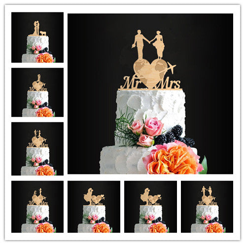 Wooden Travel Theme Bride and Groom Cake Toppers - Assorted Bridal Wood Cake Tops