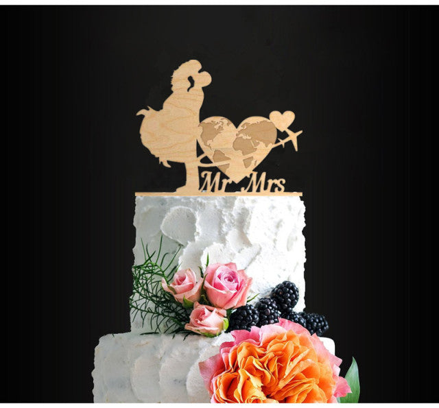 Wooden Travel Theme Bride and Groom Cake Toppers - Assorted Bridal Wood Cake Tops