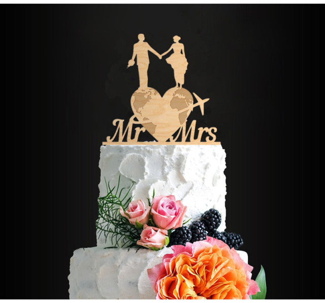 Wooden Travel Theme Bride and Groom Cake Toppers - Assorted Bridal Wood Cake Tops