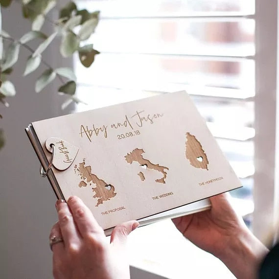 World Map Wedding Personalized Custom Guestbook - A Keepsake Wooden Book