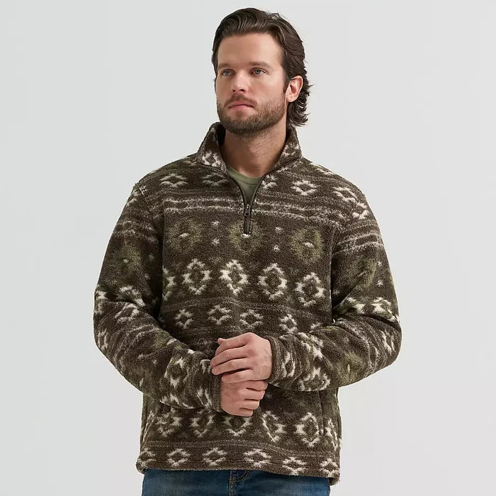 Wrangler Men's Hay Away Sherpa Quarter Zip Pullover in Black Olive