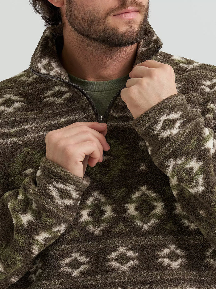 Wrangler Men's Hay Away Sherpa Quarter Zip Pullover in Black Olive